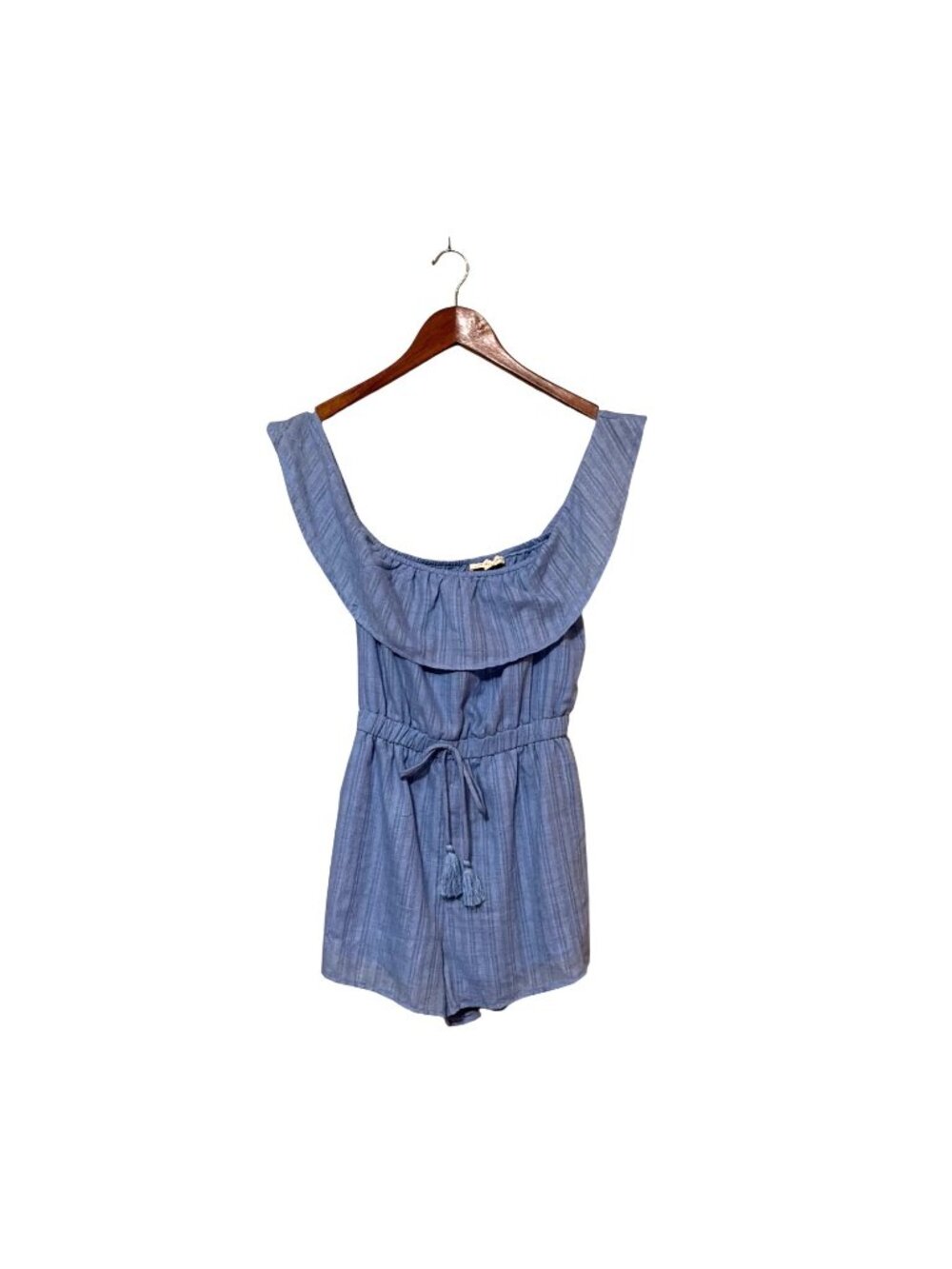 L.A. Hearts Blue Off-Shoulder Romper With Tassel‎ Tie Elastic Waist Size S